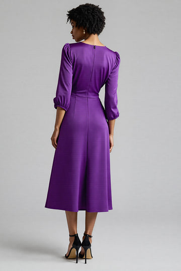 Ruffled Plum Satin A Line Midi Dress